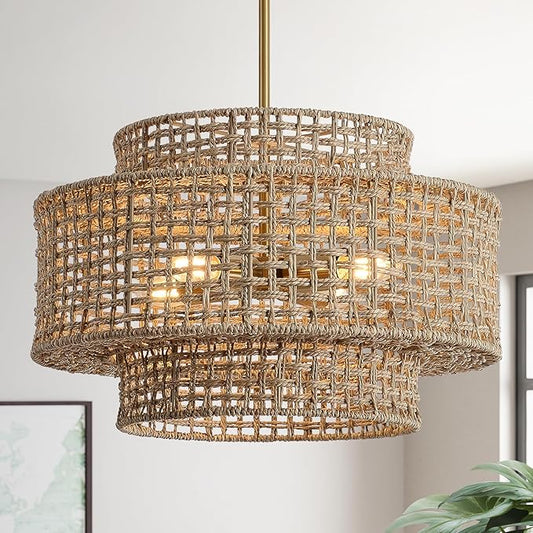 17.7” Boho Rattan Chandelier Light Fixture 4-Light Hand Woven Rustic Chandeliers with Wicker Shade, Farmhouse Chandelier Hanging Light for Dining Room Kitchen Island, Living Room, Foyer