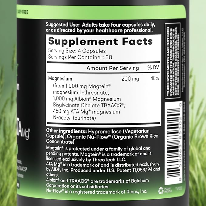 Threonix Triple Magnesium Complex - 200 mg Magnesium from 2450 mg of Magtein L-Threonate, Bisglycinate Chelate TRAACS & ATA Mg - Brain, Sleep & Mood Support - High Absorption - 120 Capsules