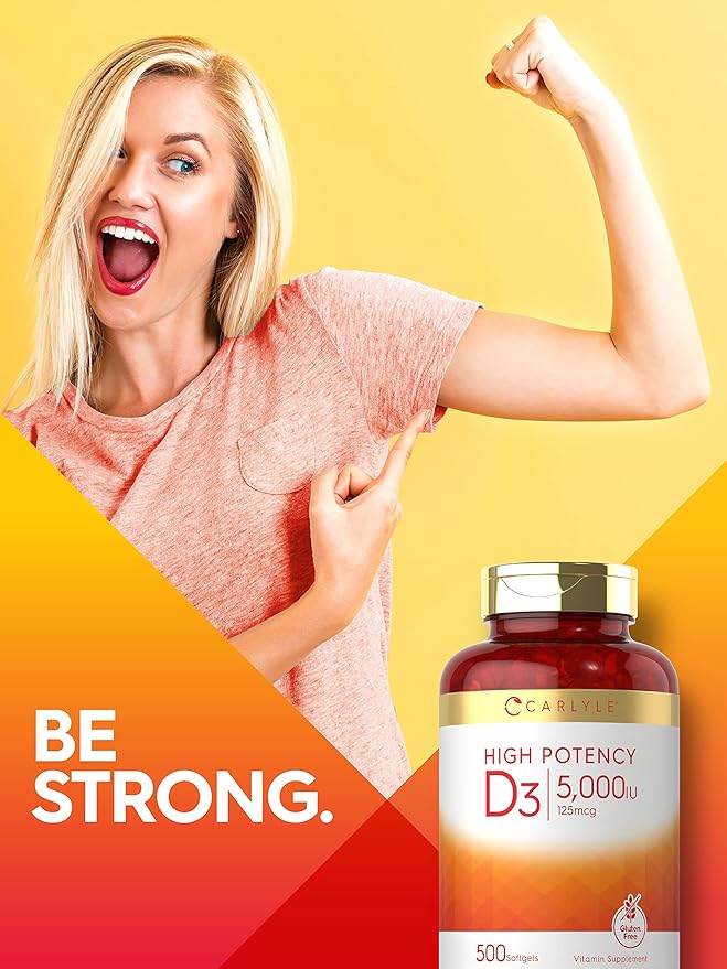 Gélules de vitamine D3 5000 UI Carlyle | 500 unités | Format économique | Complément sans OGM et sans gluten | Formule haute puissance | 125 mcg