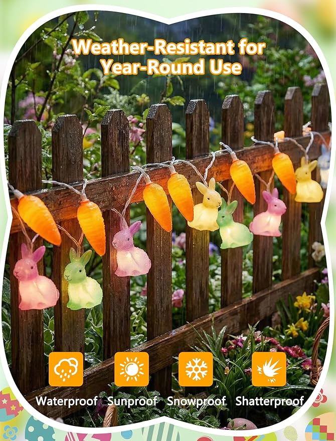8.5Ft Multicolor Bunny and Carrot Easter String Lights, 10 LED Rabbit Carrot Fairy Lights Plug in, UL Listed Decorative Lights for Spring Easter Party Bedroom Window Wall Patio Garden Wedding Decor