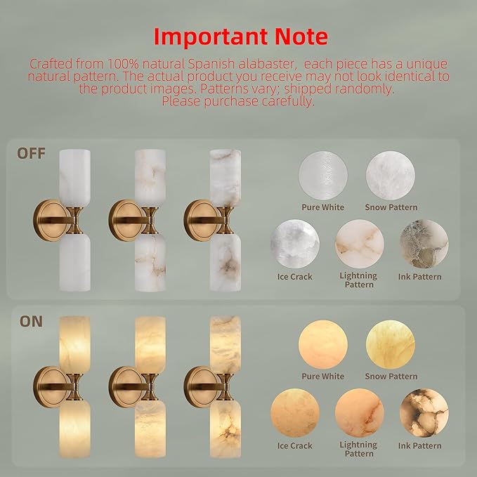 Alabaster Wall Sconce, Solid Brass Sconce with Natural Spanish Alabaster, 14.4 in Vanity Lights for Bathroom, Hardwired Wall Lamp for Bedroom Staircase Hallway, G9 LED Bulb, Set of 2