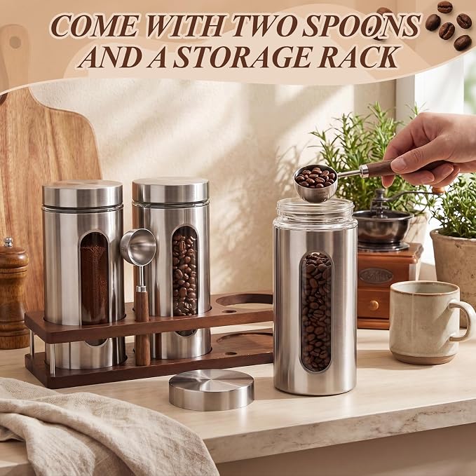 Suclain Stainless Steel Coffee Grounds Canisters with Shelf 3 x 50oz Sugar Coffee Bean Storage Container Airtight Threaded Lid Glass Window Scoop Kitchen Jar Set(Upgrade Style, 15.35 x 5 x 2.76'')