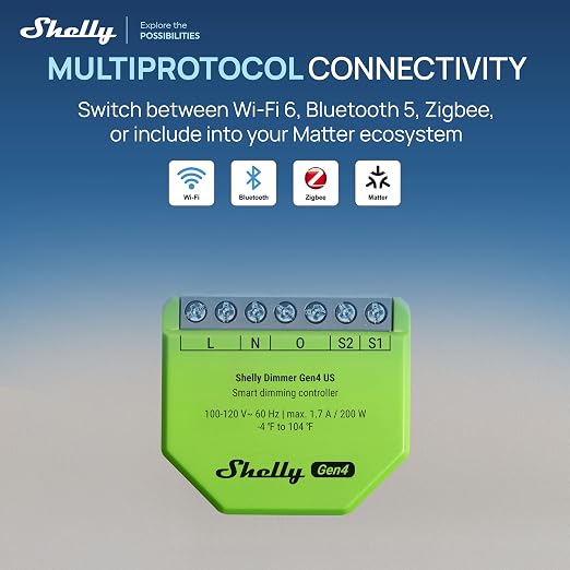 Shelly Dimmer Gen4 US UL, WiFi, Matter, Bluetooth, Zigbee Smart Dimming, Compatible with Matter, Home Assistant, Alexa, Google Home, HomeKit, Support LED Strips & Lamps, No Hub Required, Easy Control