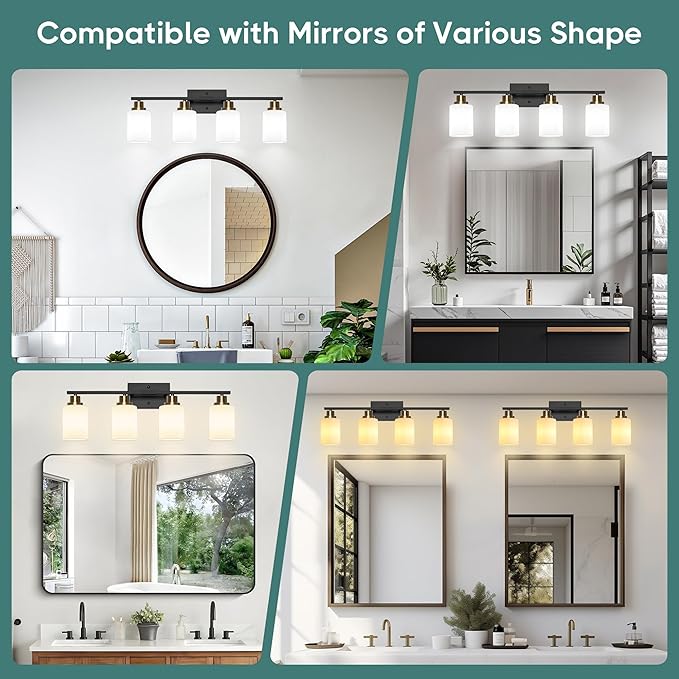 Ascher Bathroom Light Fixtures, 4-Light Vanity Light Over Mirror, Black and Gold Wall Sconces with Milky White Frosted Glass Shades, Wall Lamp for Living Room Bedroom, E26 Base(Bulbs Not Included)