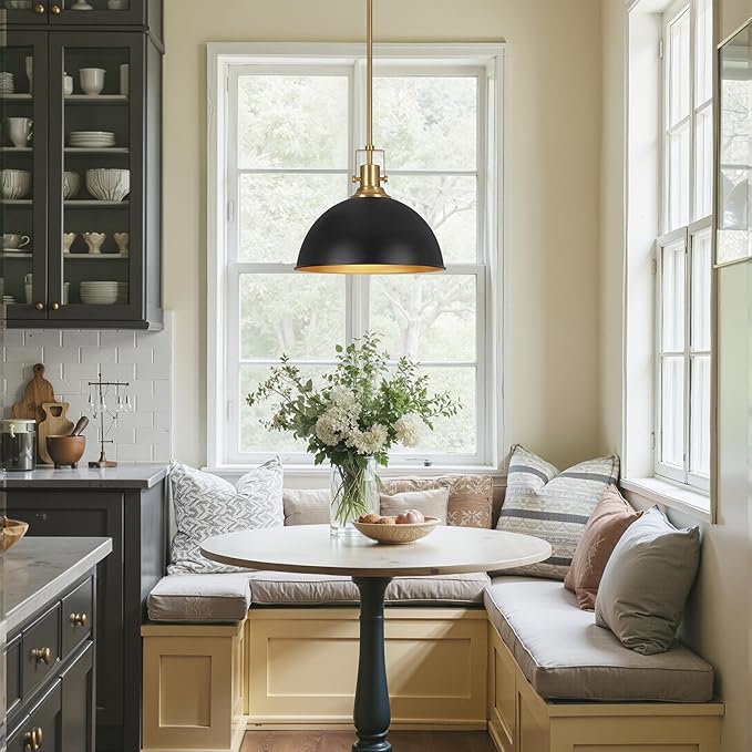 LamQee 13 Inch Black and Gold Metal Pendant Light Kitchen Island, Farmhouse Modern Dome Pendant Light Fixtures Ceiling Hanging Lighting Chandelier for Dining Room Over Table, Bar, Hallway, Entryway
