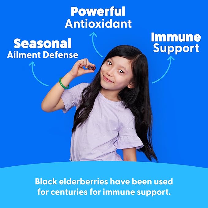 Soutien immunitaire optimal pour les enfants | Gommes de Vitamine C, Zinc et Sureau | Multivitamine immunité Sambucus Nigra | Végétarien | 60 jours de traitement