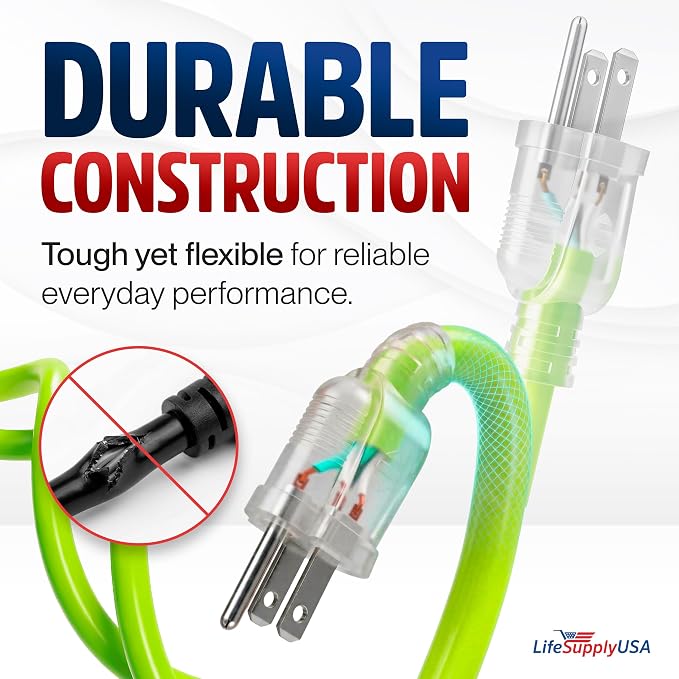 200ft Outdoor/Indoor Extension Cord 12/3 Gauge Extra Heavy Duty 3 Prong SJTW, Waterproof, Flexible Cold-Resistant Long Power Cord, 15A 125V 1875W, Neon Green by LifeSupplyUSA