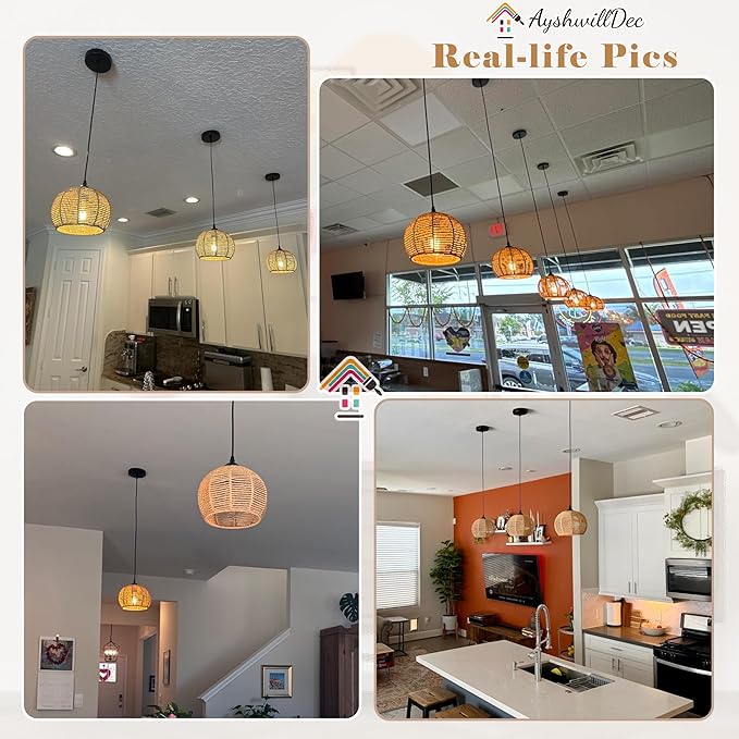 3 Pack Wicker Pendant Light Natural Woven Pendant Light Boho Chandelier Light Fixture Dome Rustic Farmhouse Pendant Lights Rattan Light Fixture for Dining Room Kitchen Island (Bulb Incl.)
