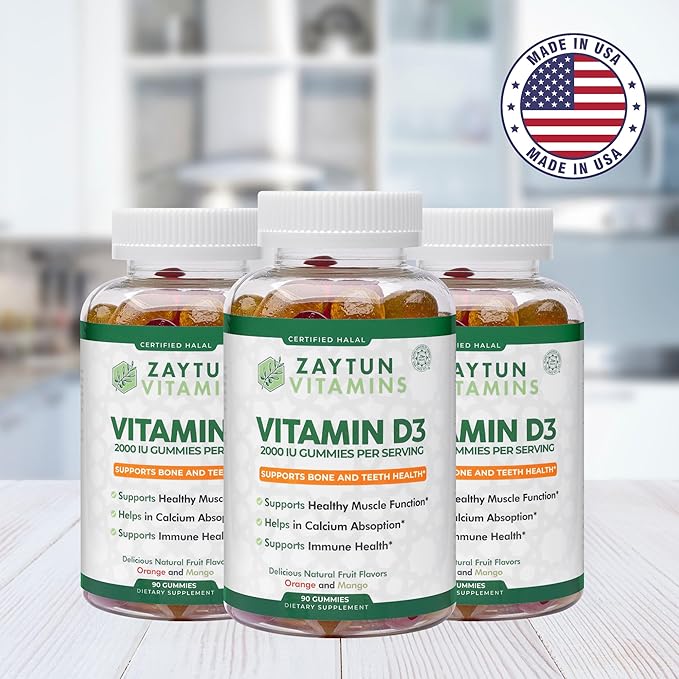 Zaytun Halal Vitamin D3 2000 IU Gummies, Supports Bone & Immune Health, Promotes Muscle Function, Gluten & Gelatin Free, 90 Natural Fruit Flavor Gummies, Made in USA - Halal Vitamins
