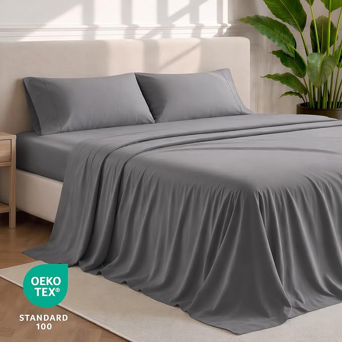 Bare Home Split Head Flex King Sheet Set - 1800 Ultra-Soft Microfiber Bed Sheets - Double Brushed - Deep Pockets - Easy Fit - 4 Piece Set - Bedding Sheets & Pillowcases (Grey)