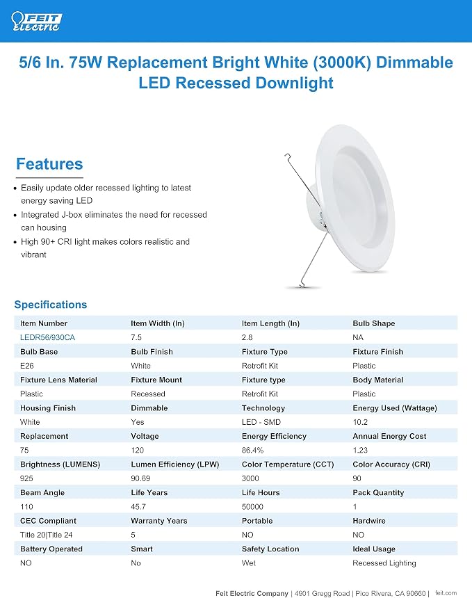 Feit Electric 5-6 inch LED Recessed Downlight - Pre-Mounted Trim - Standard Base Adapter - 3000K CCT Bright White - Dimmable- 75W Equivalent - 45 Year Life - 925 Lumens, LEDR56/930CA