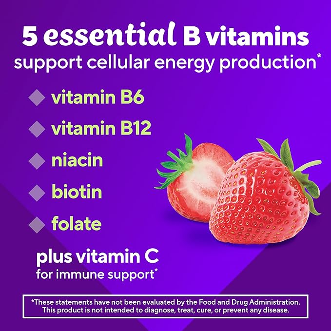 Compléments alimentaires gélifiés vitafusion B-Complex, avec 5 vitamines B pour soutenir la production d'énergie cellulaire (1), plus de la vitamine C, saveur fraise, 60 unités