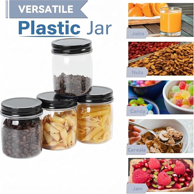 novelinks 8 oz Clear Plastic Jars with Airtight Lids, 24 Pack Plastic Mason Jars with Lids 8oz, Refillable Storage Slime Containers & Small Spice Jar for Kitchen Organization (24 Pack,Black)