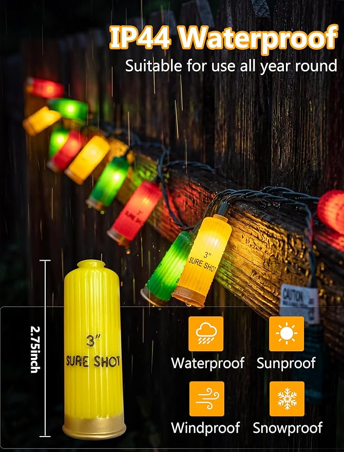 Multicolor Shotgun Shell String Lights Plug in, 8.5Ft Outdoor Christmas Decorations Lights with 10 LED 3D Bullets Lights, Hanging Novelty Bullets Shell Light for Outdoor Patio Garden Backyard Party