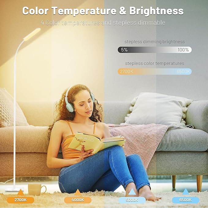 Yikuneng Dimmable LED Floor Lamp, Super Bright Reading Lamps Floor Standing Lamp with Remote & Touch Control, Stepless Dimming & 2700K-6500K Color Temperature, for Living Room Bedroom Office, White
