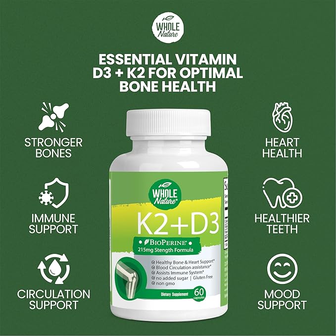 Vitamine K2 D3 avec BioPerine - 5000 UI D3 + K2 MK-7 pour la santé des os et du cœur - 60 capsules végétaliennes