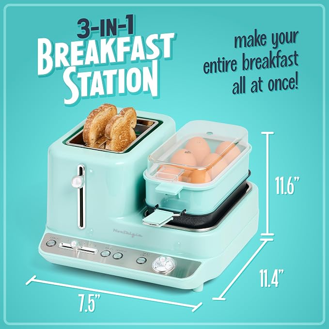 Nostalgia Classic Retro 3-in-1 Breakfast Station, 2-Wide Slot Toaster With Adjustable Toasting Control, Non-Stick Griddle, 6 Capacity Egg Cooker With Lid