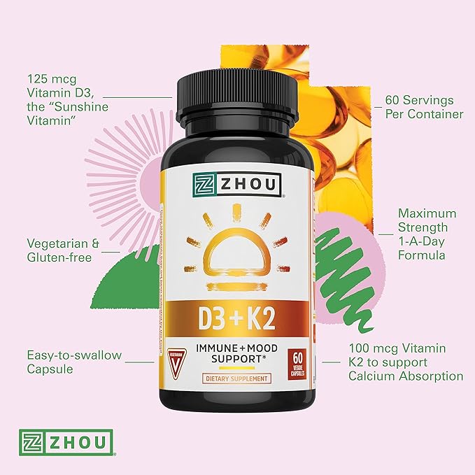 Zhou D3+K2 - Complément Vitamine D3 K2 pour femmes et hommes, soutien immunitaire Vit D3 et K2, formule végétarienne pure avec 5000 UI de D3 et MK-7 - 60 gélules végétariennes (lot de 1)