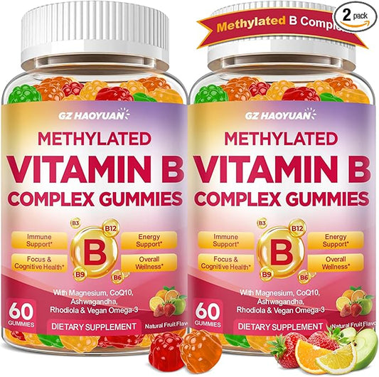 Methylated Vitamin B Complex Gummies for Women & Men with Vitamin B1, B2, B3, B5, B6, B7, B9, B12 & Magnesium, Omega-3, CoQ10, Supports Brain Health, Energy, Immune, Sugar Free, Fruit Flavor, 120ct