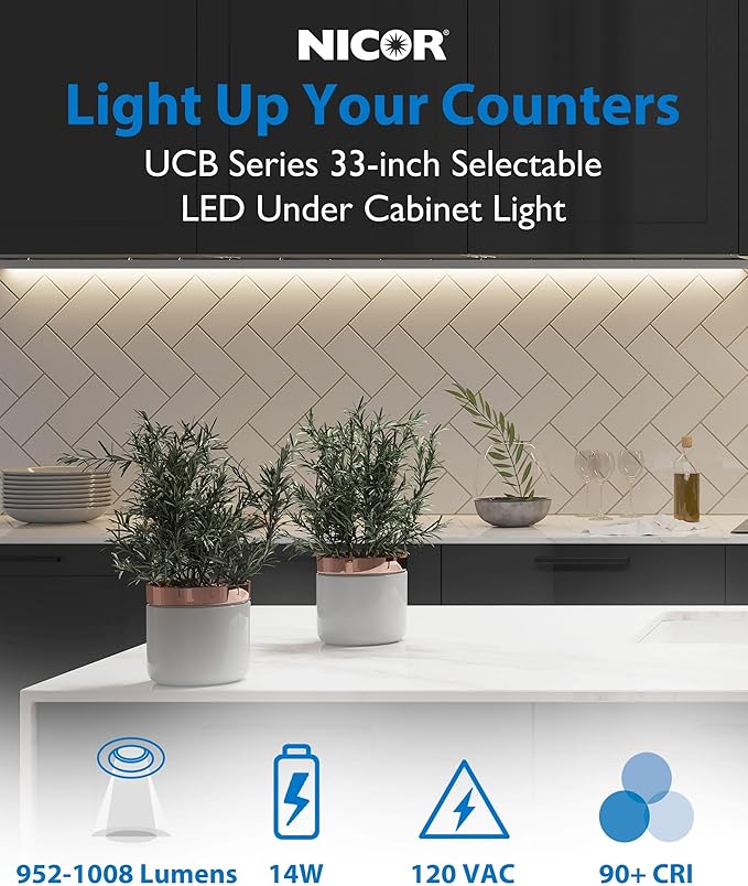 33” LED Direct Wire Under Cabinet Light - Undercounter LED Lights for Kitchen - Selectable CCT 2700K-5000K, 952-1008 Lumens, 14W - UCB Series Hardwired Under Cabinet Lighting by NICOR Lighting