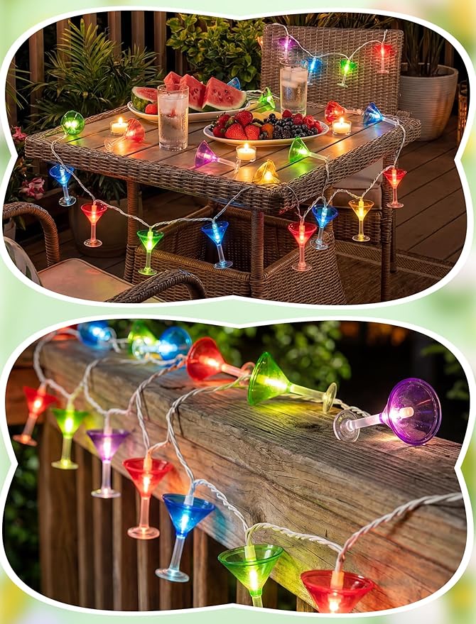 Margarita Fiesta Party Lights, 8.5Ft Summer Decorative String Lights Plug in with 10 LED Multicolor Cocktail Glass Lights, Indoor Outdoor Patio Lights Waterproof for Home Tiki Bar Party Lighting Decor
