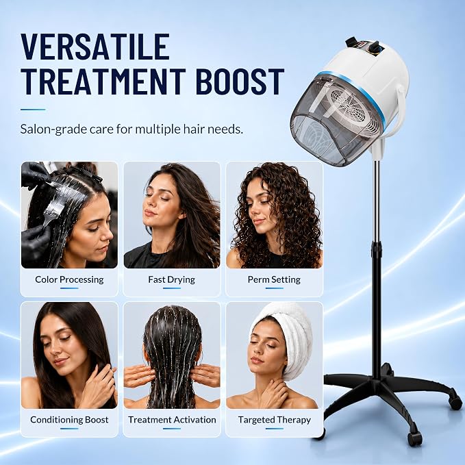 Nova Microdermabrasion Professional Hooded Floor Hair Dryer Adjustable Bonnet Hair Dryer Stand Up with Timer and Rolling Wheels for Beauty Spa Home Salon Equipment (White)
