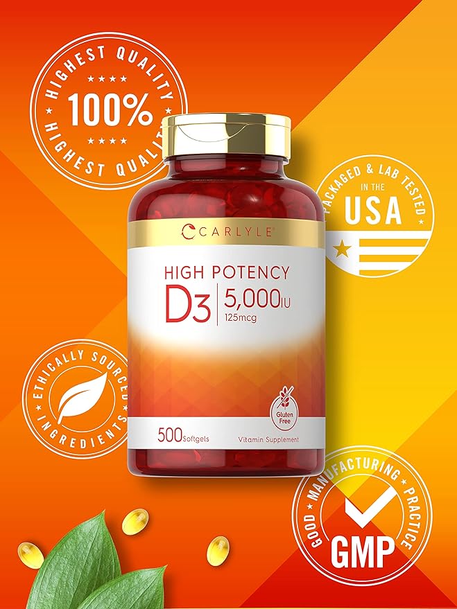 Gélules de vitamine D3 5000 UI Carlyle | 500 unités | Format économique | Complément sans OGM et sans gluten | Formule haute puissance | 125 mcg