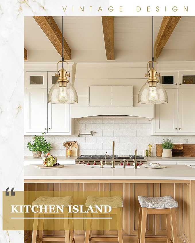 2-Pack Pendant Lights Kitchen Island, 7.5" Farmhouse Pendant Lighting with Amber Seeded Glass Shade, Hanging Light Fixtures for Dining Room, Brushed Gold, AD-22151-1P2-GD-OR