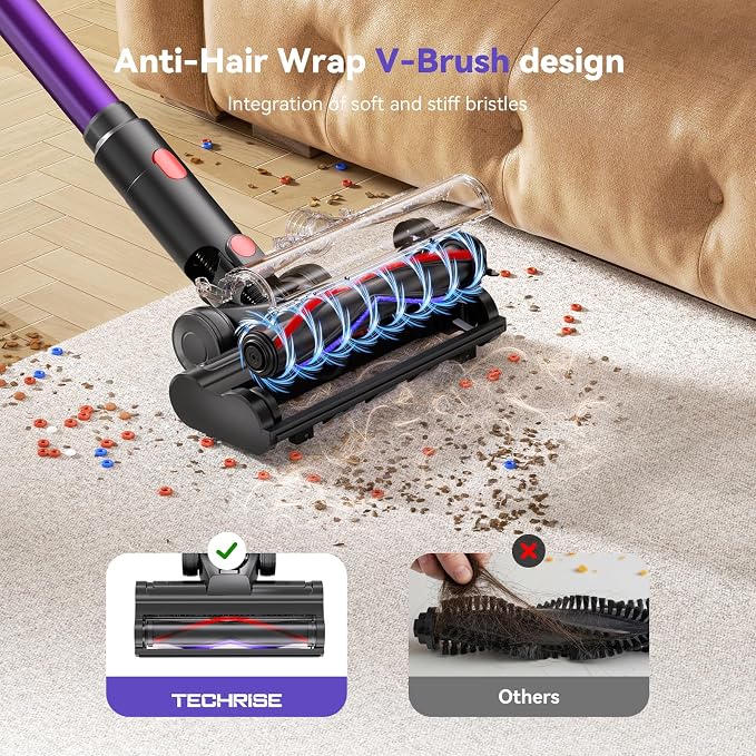 TechRise Cordless Vacuum Cleaner,450W 40Kpa Vacuum Cleaners for Home,Up to 60 Min Runtime,Tangle-Free Brush,8-in-1 Versatile & Self-Standing for Hardwood Floors, Carpets, Pet Hair