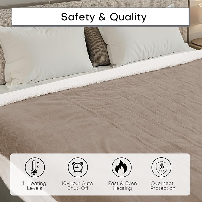 Electric Heated Blanket 62"x84" Twin Size for Safe All Night Rest, Dual-Sided Microplush Sherpa for Bedroom Couch Use, 4 Heat Settings & 10 Hours Auto Off Energy Saving, Machine Washable - Light Brown