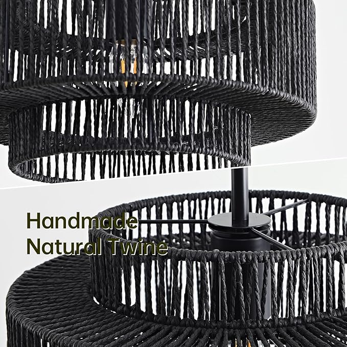 12.4” Black Boho Rattan Chandelier for Dining Room, 1-Light Hand Woven Pendant Light Fixture, Coastal Wicker Hanging Ceiling Light for Kitchen Island Living Room Bedroom Entryway Foyer