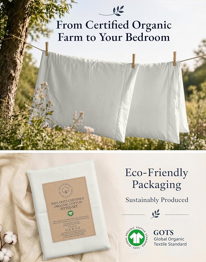 Lane Linen Queen Size Fitted Sheet, 100% Organic Cotton, 3-Piece Set (1 Fitted Sheet & 2 Pillowcases), Percale Weave, Ultra Soft, Breathable, Fits Mattress Upto 15" Deep - Glacier Grey (No Flat Sheet)