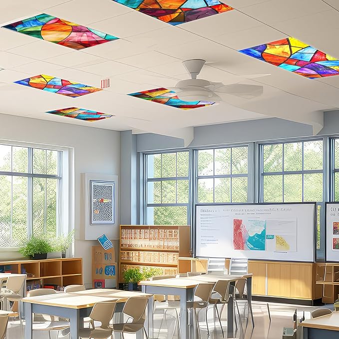 12 Pcs Fluorescent Light Covers with 120 Magnets Decorative for Classroom Ceiling Light 4 x 2 Feet Magnetic Light Covers Filter Easy Install for Office Home Drop Ceiling Supplies(Retro Glass Window)