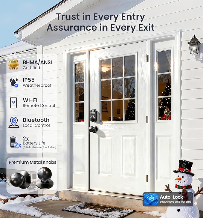 Veise VE012W-K Built-in WiFi Fingerprint Smart Lock with 2 Knobs, No Hub Needed, Remote APP Control, Keyless Entry Door Lock, Smart Deadbolt for Front Door, Auto Locking, Matte Black