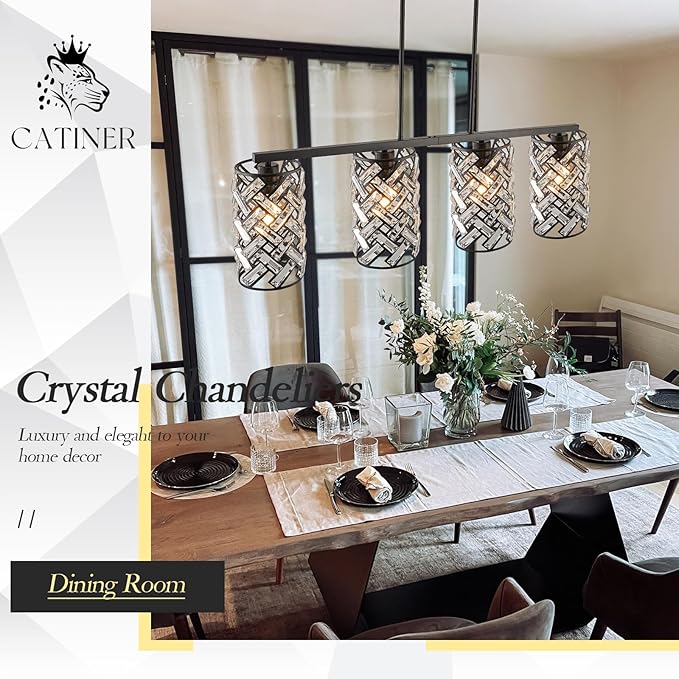 CATINER 40" Crystal Kitchen Island Lighting 4 Lights Modern Black Linear Chandelier Dining Room Light Fixture Over Table Luxury Ceiling Pendant Light Fixture