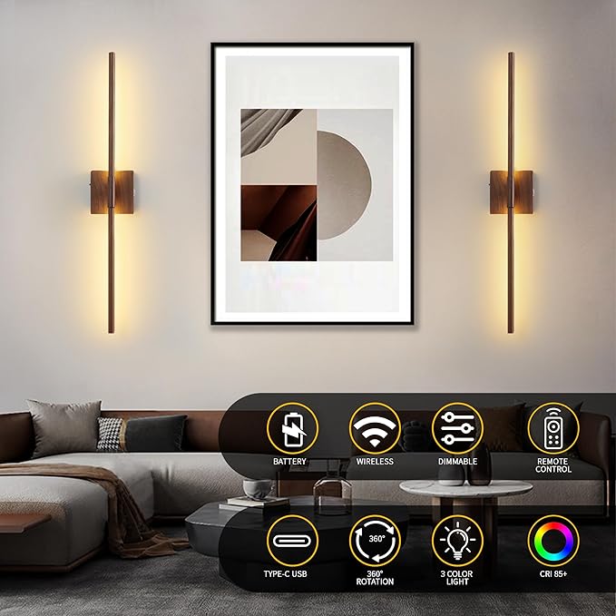 15800 mAh Battery Operated Wall Sconces with Remote Control Dimmable Rechargeable Battery Powered Cordless Wall Sconces Set of Two 3000K LED Walnut Wood Wireless Wall Light for Hallway Bedroom