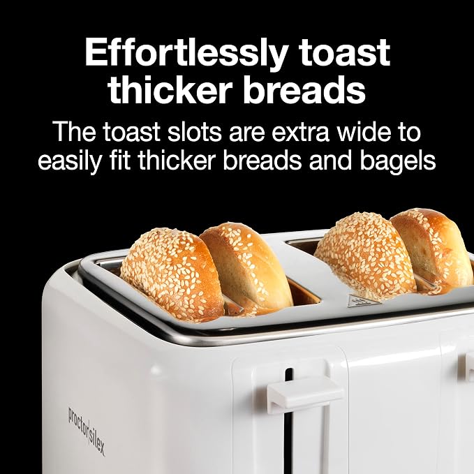 Proctor Silex 4 Slice Toaster with Extra Wide Slots for Bagels, Cool-Touch Walls, Shade Selector with 7 Browning Levels, Toast Boost, Auto Shut-off and Cancel Button, White (24214PS)