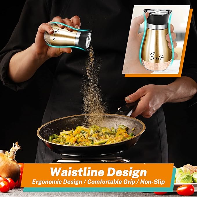 Salt and Pepper Shakers Set,4 oz Glass Bottom Salt Pepper Shaker with Stainless Steel Lid for Kitchen Cooking Table, RV, Camp,BBQ Refillable Design (Copper)