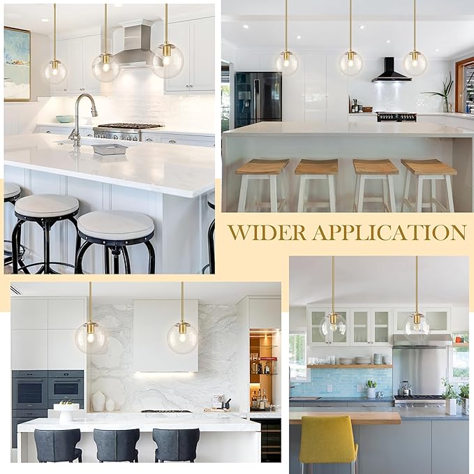 Bagood 8" Globe Pendant Light Gold 2 Pack Mid Century Pendant Light Globe Pendant Lights Kitchen Island Brushed Brass Finished with Clear Glass Adjustable Ceiling Light Fixtures for Dining Room Bar