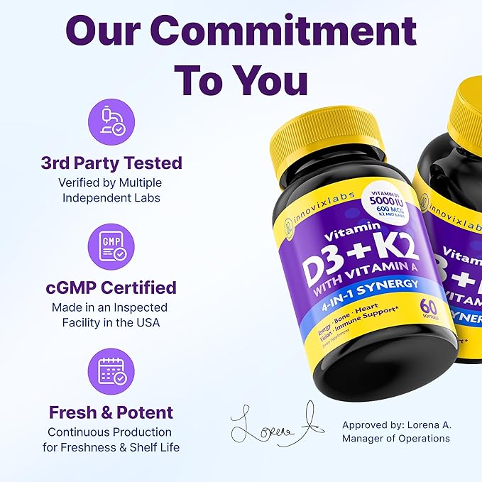 InnovixLabs Vitamine D3 K2 - 5000 UI Vitamine D3 Plus 600 mcg Vitamine K2 MK4 et MK7 pour une absorption maximale du calcium, soutient la santé des os, le système immunitaire, la santé cardiaque, testé par des tiers, sans gluten, 60 gélules (lot de 2)