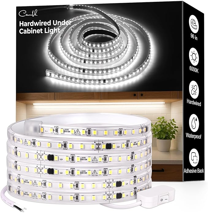 cambk 96inch Hardwired Under Cabinet Lighting for Kitchen, 6000K White Wired Undercounter Waterproof Led Strip Lights, Luces para Cocina Bajo Gabinete Under Shelf Lights