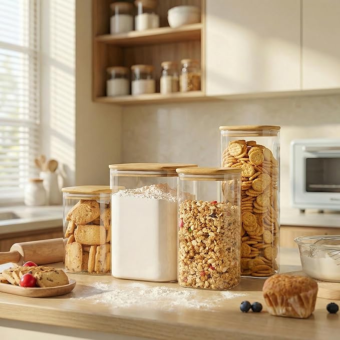 168oz 2 Pack Large Glass Storage Containers with Lids for Pantry Storage | Square Borosilicate Glass Jar with Airtight Lid Keep Flour, Sugar & Rice Fresh, Fit 10lb Bag, BPA-Free for Pantry Organizer
