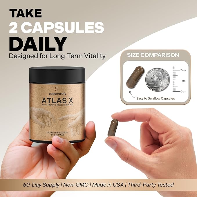 Essencraft Atlas X Testosterone Supplement for Men – 10-in-1 Natural Testosterone Booster & Muscle Booster w/Shilajit, Zinc, Tongkat Ali, & More (120 Capsules)