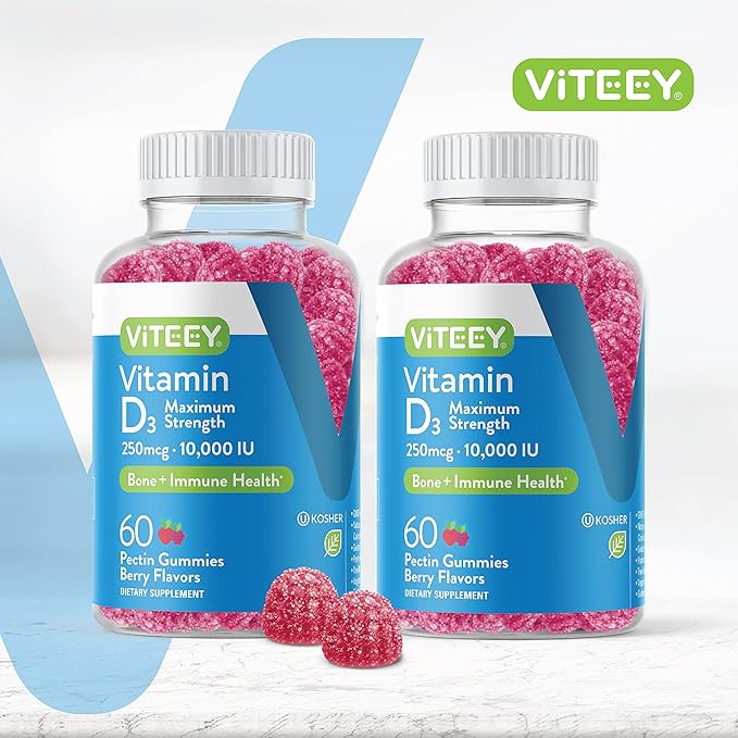 VITEEY Gommes Vitamine D3 pour Adultes et Adolescents - 10 000 UI, 250mcg, Puissance Maximale - Santé Articulaire et Musculaire, Renfort Immunitaire - Vitamine D à Croquer - Végétarien, Sans Gélatine - Goût Baies Délicieux