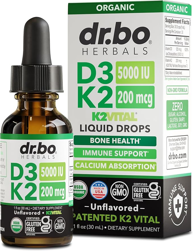Vitamine D3 K2 Gouttes Liquides - Complément Liquide Bio D3K2 Vitamine D3 K2 Huile TCM pour Adultes & Enfants, Absorption du Calcium Os Solides - Compléments Vit D et K 5000 UI, Vitamines D + K MK7 30 ml