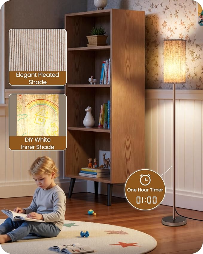 64.2'' Dimmable Floor Lamp for Living Room with Remote and Foot Switch, Corner Floor Lamp for Bedroom, Includes 10W A19 Bulb, Modern Standing Tall Lamp, ETL Listed Brown and Beige VE17LD05
