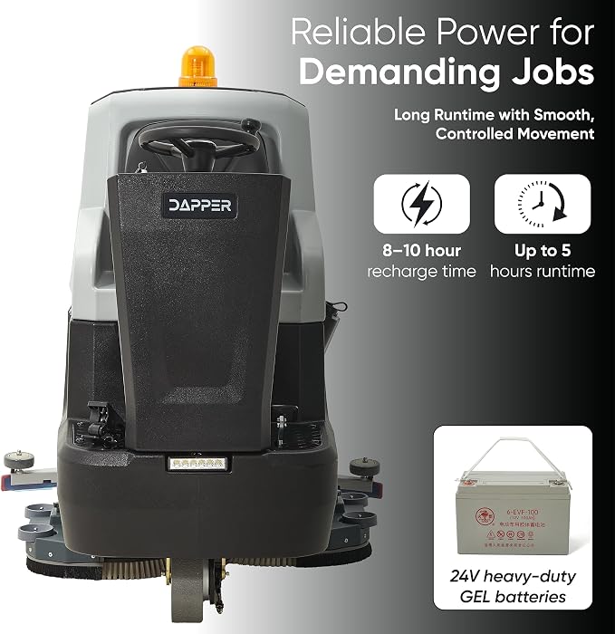 Battery Powered Ride-On Commercial Floor Scrubber Machine, 38" Brush, 48" Squeegee Width, 46 gal Solution Tank, 48 gal Recovery Tank, 5 hr Use 8 hr Charge, 180 RPM, 84,000 Sqft/H, Batteries Included
