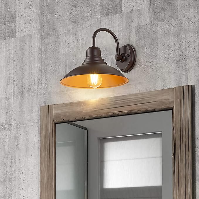 GOLDHILL 10.5" Bronze Gooseneck Metal Outdoor Barn Light, Powder Coated Farmhouse Porch Light with Gold Interior, Wet Location Rated Exterior Sconce for Porch, Garage, Bathroom Vanity