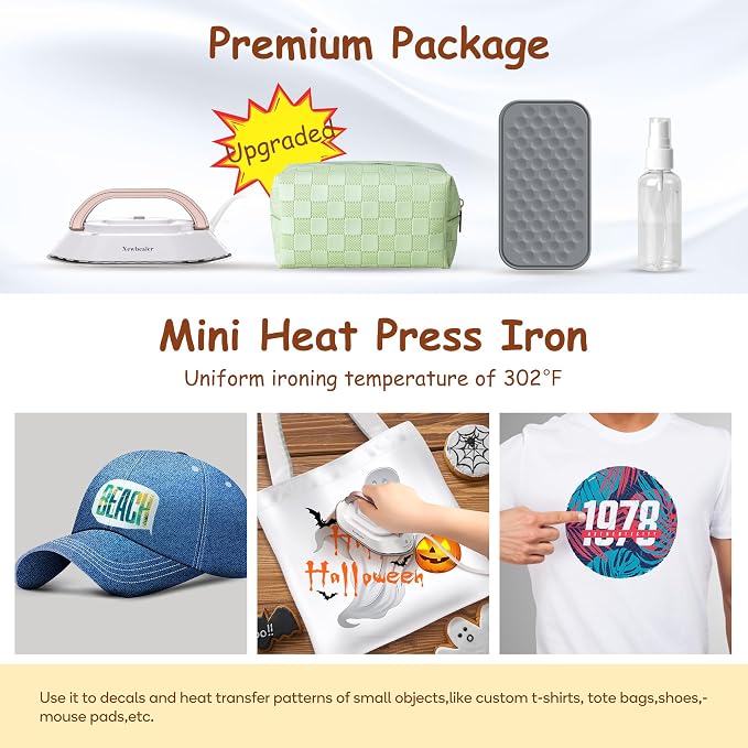 Newbealer Travel Iron Set, 100-240V Mini Dry Iron for Clothes (No Steam) | Max 300W, Heats in 60s, 302℉ Ceramic Soleplate, Handy Heat Press, 0.8lbs Lightweight for Quick Touch-ups Worldwide (Gold)