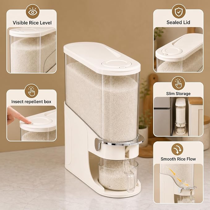 Rice Dispenser 11 Lb, Slim Rice Storage Container with Double Sealing Strip, Press to Dispense Cereal Container Airtight for Kitchen Pantry Organization, (Ivory White-11lb)